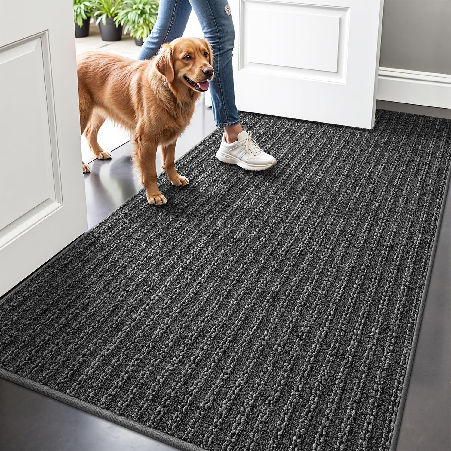 lumi ultra thin door mat indoor entrance, washable entryway mat with non slip rubber backing, stain&fade resistant doormat for floor, hallway, porch, 32"x47", grey line grey line 32"x47"