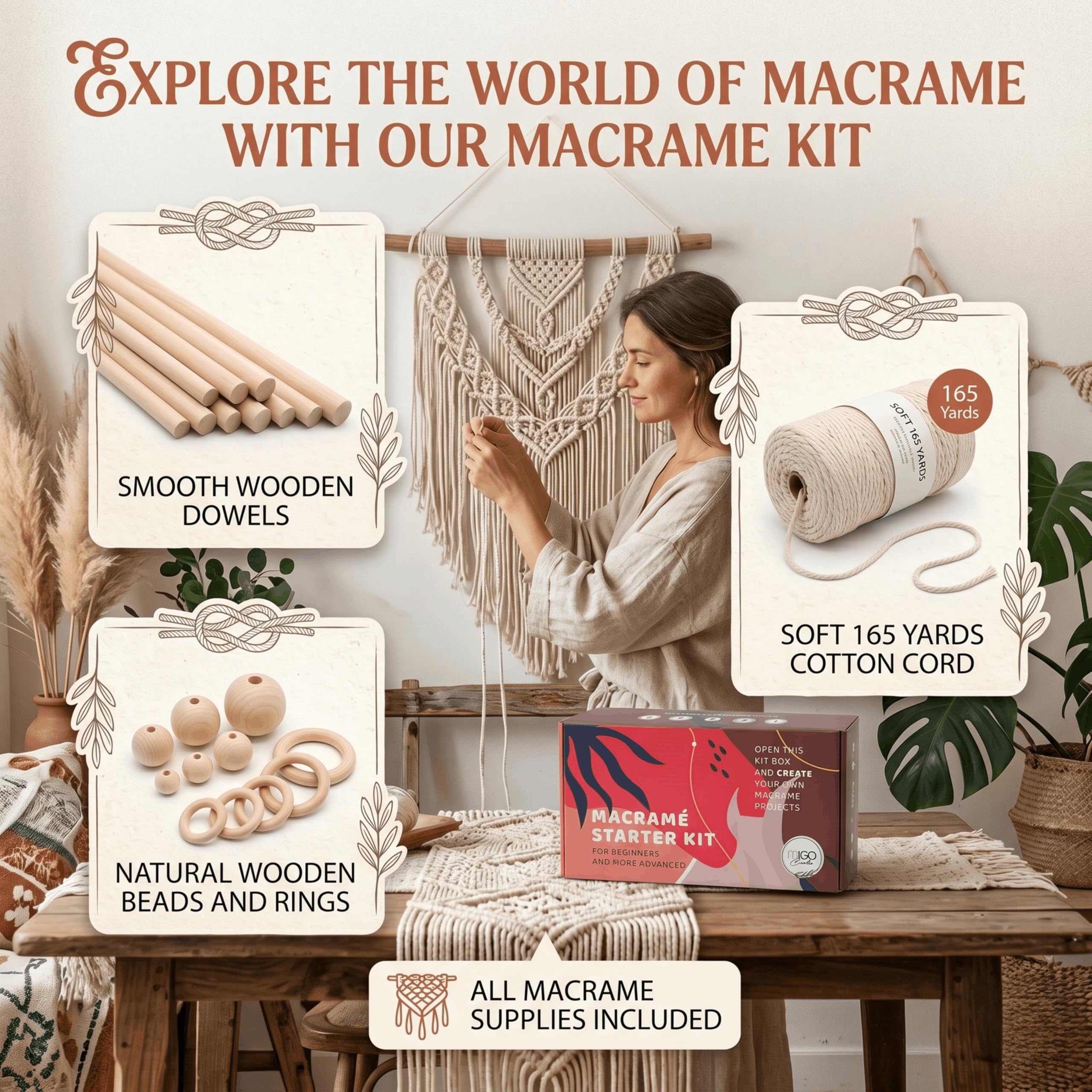 MIGO Creates Zestawy makram dla dorosłych początkujących ze 112 materiałami do makramy i 5 książkami o projektach: ten zestaw do makramy DIY zawiera sznurek do makramy 160 jardów z materiałami