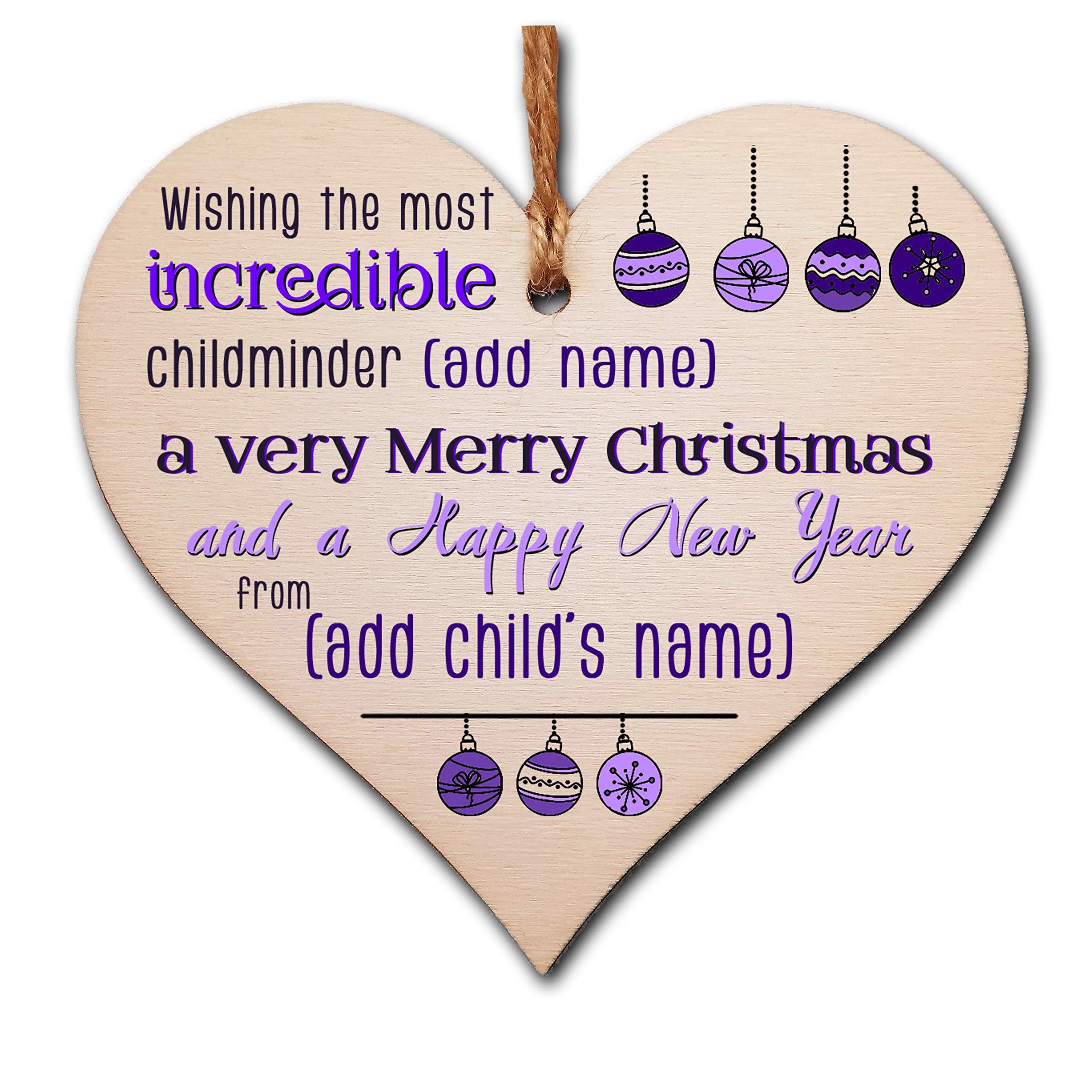 Personalised Handmade Wooden Christmas Hanging Heart Plaque Gift Wishing the most incredible childminder xmas wishes card alternative from child Thank You present