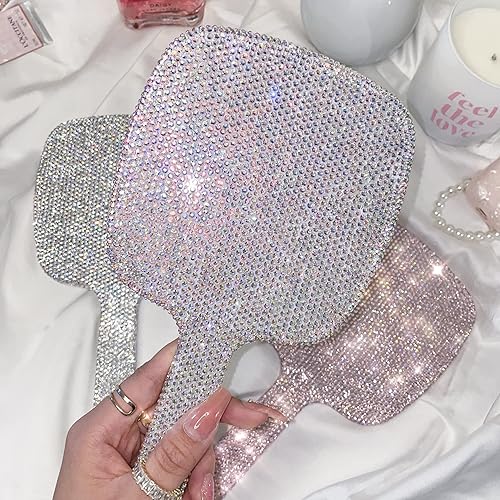 Miniatura 3 de TISHAA Espejo de maquillaje de mano brillante  Espejo compacto con diamantes de imitación de cristal brillante para mujer, bonito espejo de tocador