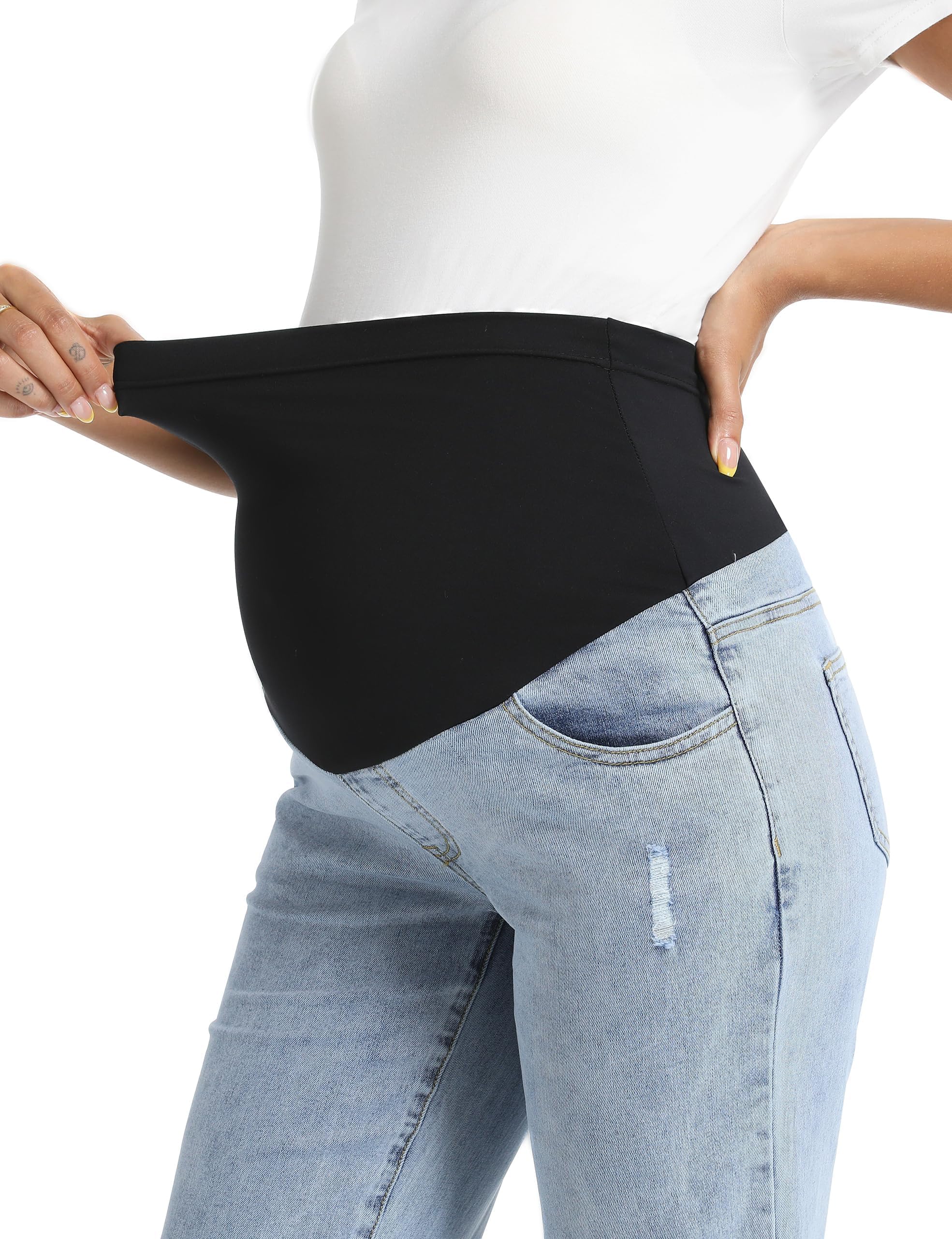 Gowjog Vaqueros de maternidad para mujer sobre el abdomen, pierna recta, dobladillo crudo, pantalones vaqueros de maternidad vaquero con bolsillos - 3