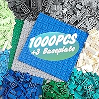 HUIZDQ 1000PCS Classic Building Bricks Set with 3 Stackable 6.3"x6.3" Base Plates (Blue, Gray, Green) - Compatible with Major Brands