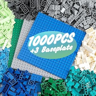HUIZDQ 1000PCS Classic Building Bricks Set with 3 Stackable 6.3"x6.3" Base Plates (Blue, Gray, Green) - Compatible with Major Brands
