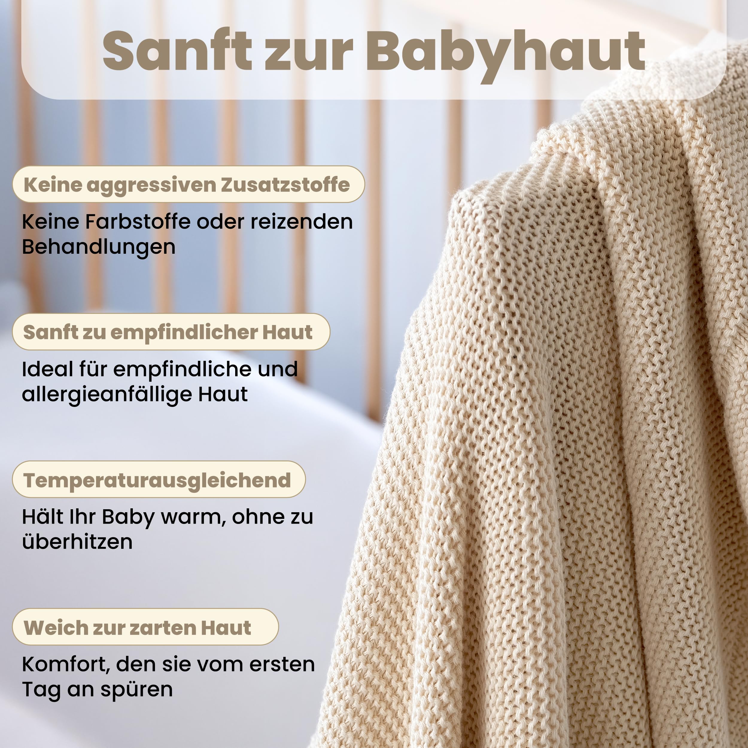 Weiche Babydecke Strick aus 100% Bio-Baumwolle GOTS Zertifizert, 80x100 cm. Naturbeige- Erstausstattung für Neugeborene, in Geschenkbox für Neugeborene Babys