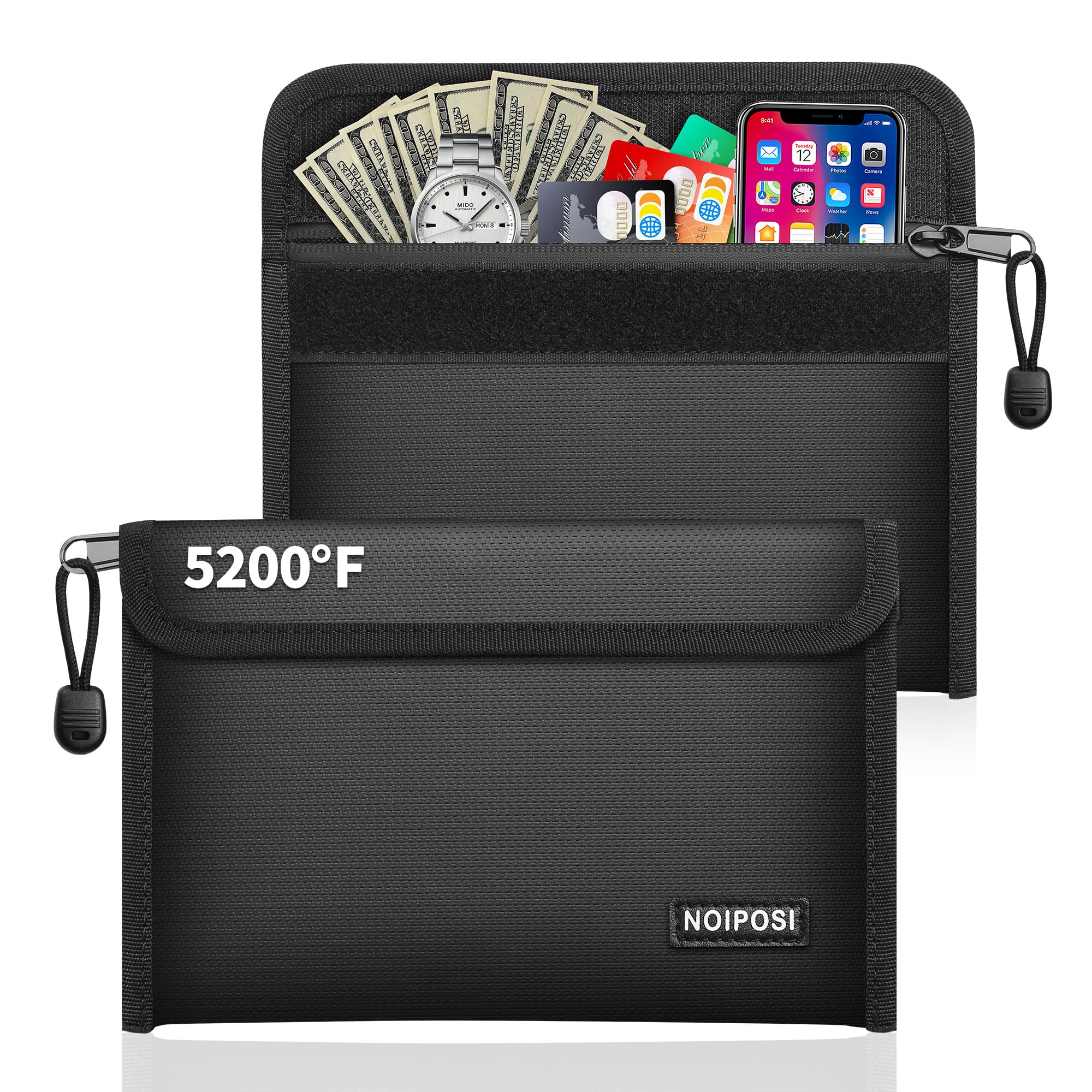 Noiposi 2er Pack Feuerfeste Tasche(21,5x14cm,5200℉), 8-lagige Wärmedämmung Feuerfeste Geldtasche mit Kartenschlitz, Kleine Bargeldbeutel mit Reißverschluss für Bargeld,Quittung,Rechnung,Reisepass