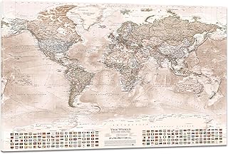Weltkarte Vintage 120 x 80 cm, aktuelle Weltkarte im antiken Stil, hochwertiger Leinwanddruck auf Keilrahmen
