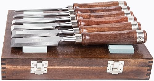 6 juegos de cinceles de madera, 2 piedras de afilar, mangos de nogal, 60 hojas de acero al cromo vanadio, presentación en caja de madera