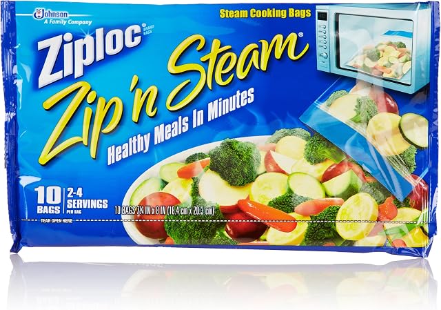 Ziploc Zip 'n Steam Meal Prep Bags, For Cooking and Steaming Food, Microwave Safe, Medium, 10 Count
