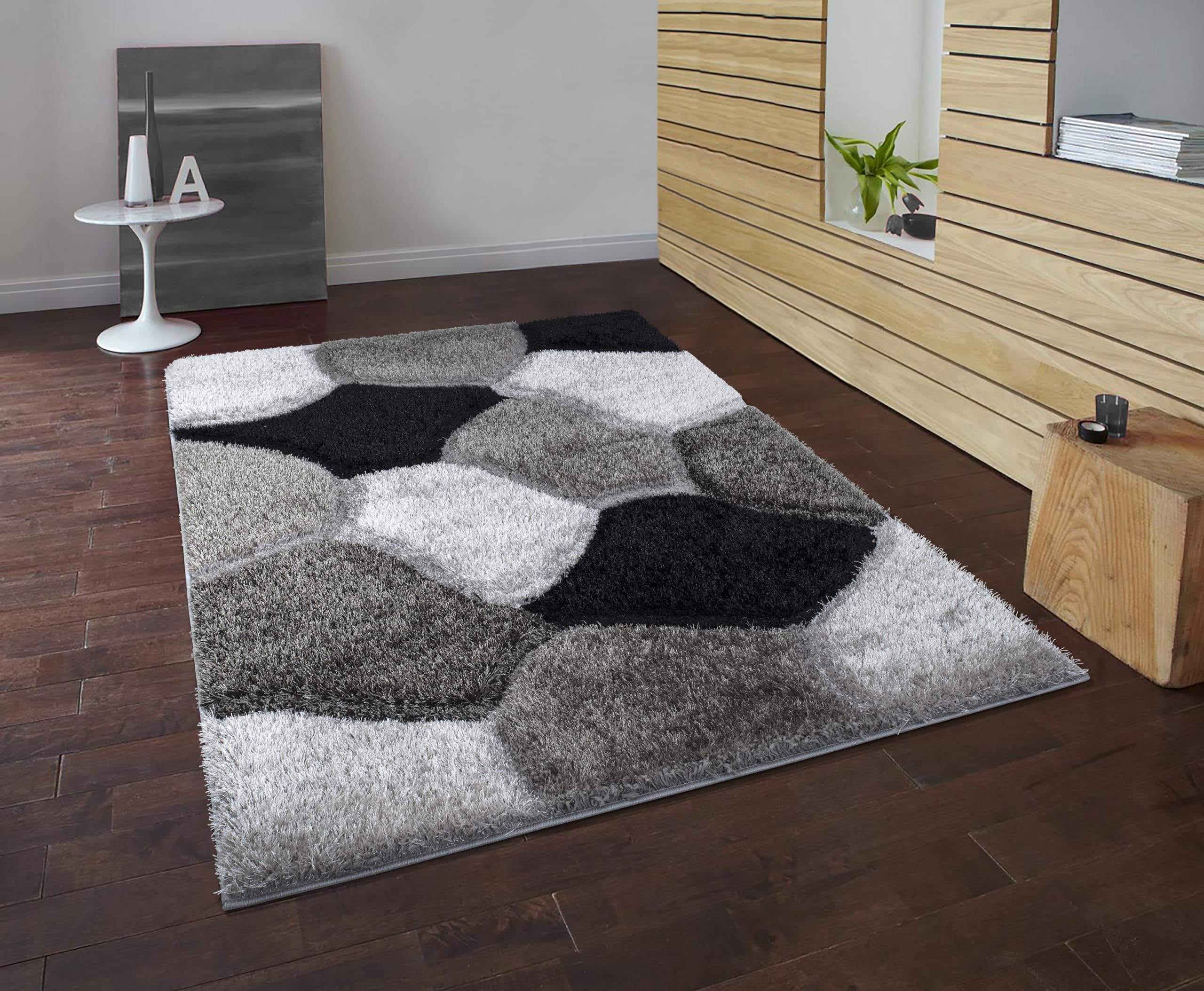 Shaggy Area Rug, Geometric Pebble Pattern, Multi-Colour Options, Soft Pile, Living Room Carpet Floor Mats Door Mats (Silver Grey, 120 x 170 cm (Sofa - Table Rug))
