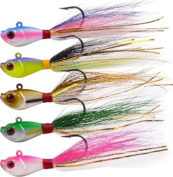 Bucktail Jigs Saltwater Fishing Lures, 5pcs Premium Bucktail Hair Jigs Head Saltwater Striper Lures for Bass Flounder Bluefish Halibut Redfish Surf Fishing 1/4oz 1/2oz 1oz 1.5oz 2oz