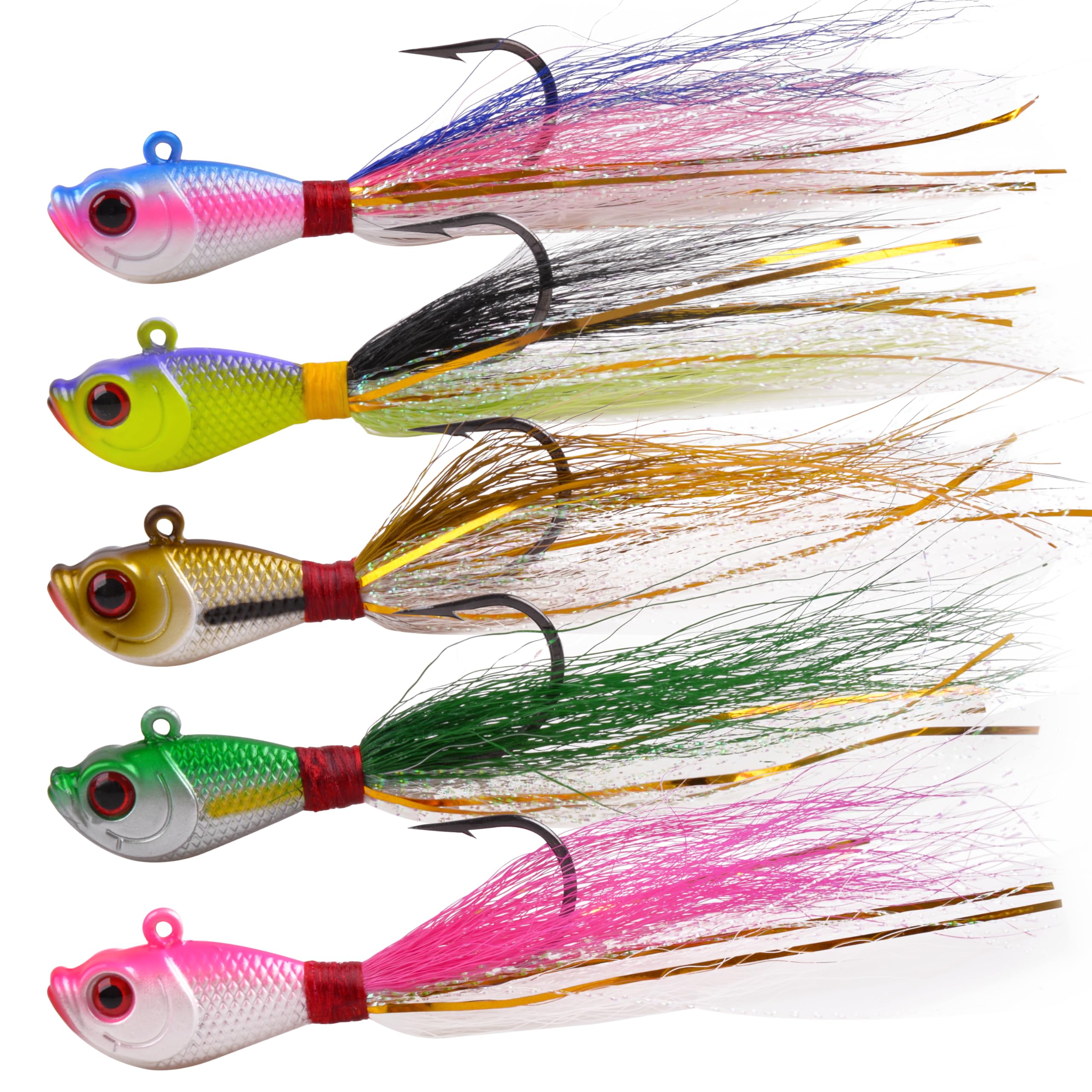 OROOTL Bucktail Jigs Saltwater Hair Jigs, 5 Pack Bucktail Lures Surf Fishing Jig Heads for Bass Flounder Striper Bluefish Halibut Redfish Saltwater