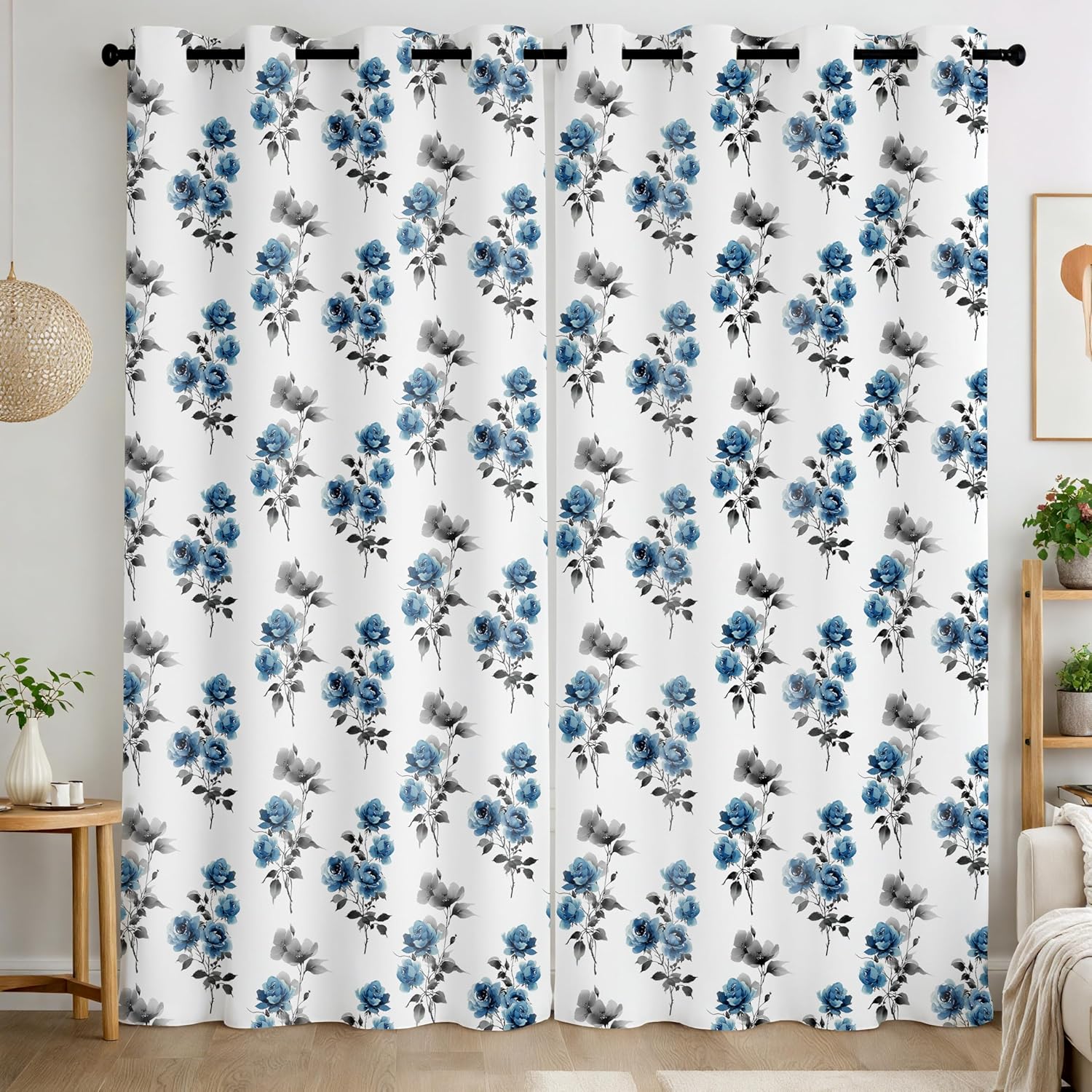 Blue Floral Blackout Curtains 2 Panels Botanical Flower Window Curtains for Bedroom Living Room Farmhouse Room Darkening Drapes Grommet Top, 42 x 84 Inch