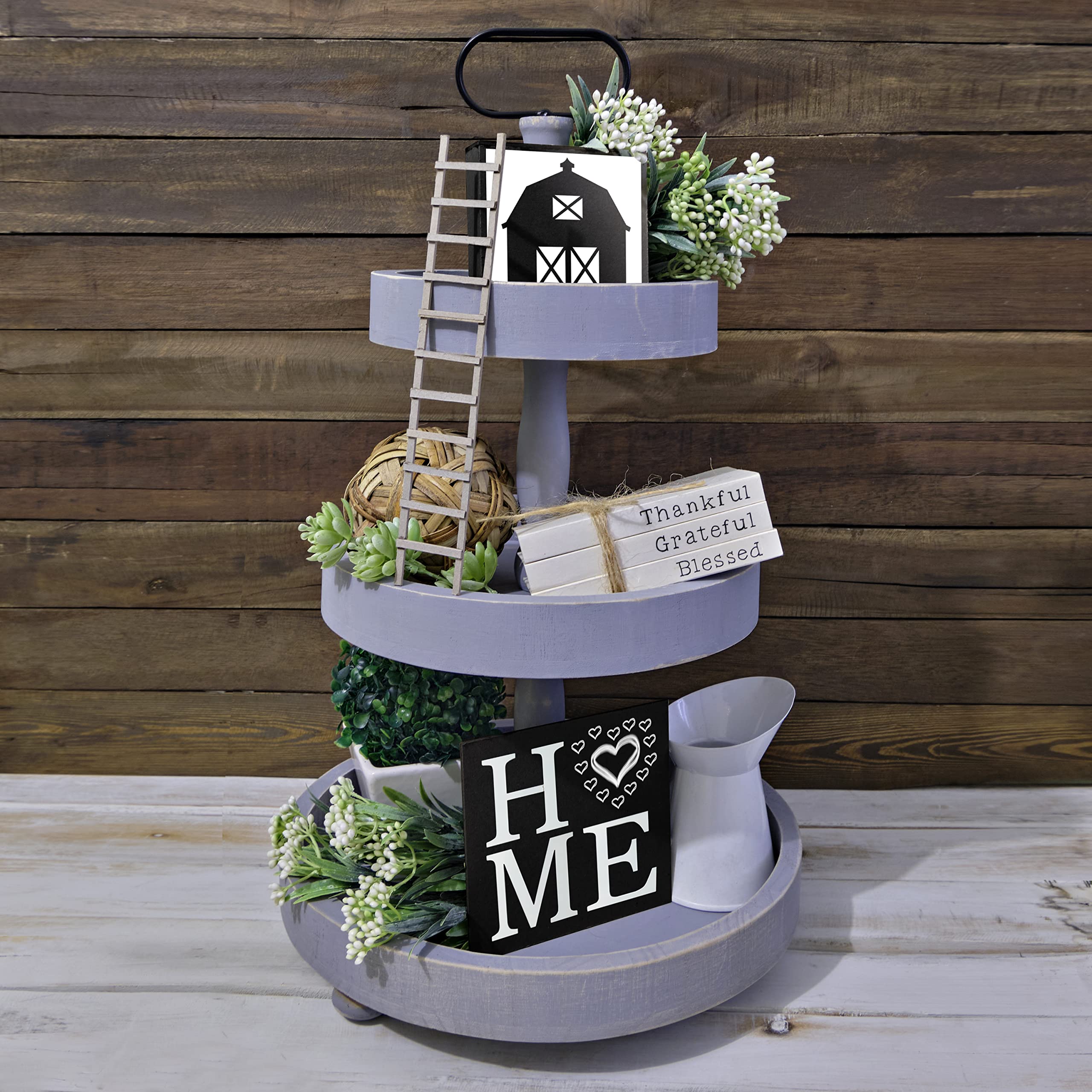 3 Tier Tray Grey with Bead Garland, Farmhouse Tiered Tray Stand, 3 Tier Tray Decor, Three Tiered Tray Decorative Tiered Tray Wood Rustic Tiered Tray Wooden Tiered Tray 3 Tiered Tray Farmhouse Decor