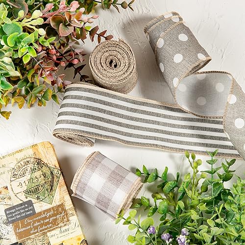 Miniatura 4 de Whaline Cinta rústica con borde de alambre, 4 rollos de cinta de rayas de búfalo de lunares blancos, cintas rústicas para manualidades de primavera
