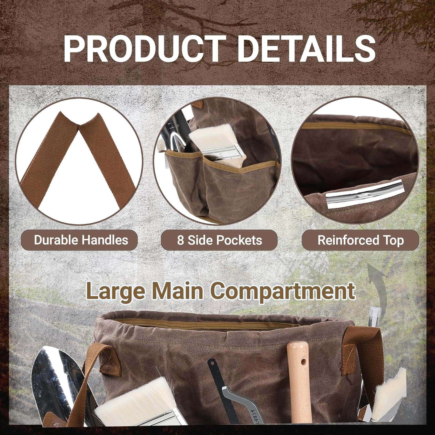 Heavy-Duty 16oz Waxed Canvas Tool Bag - 14" Foldable Open Top Organizer with Metal Frame, 8 Pockets & Reinforced Handle | Grey