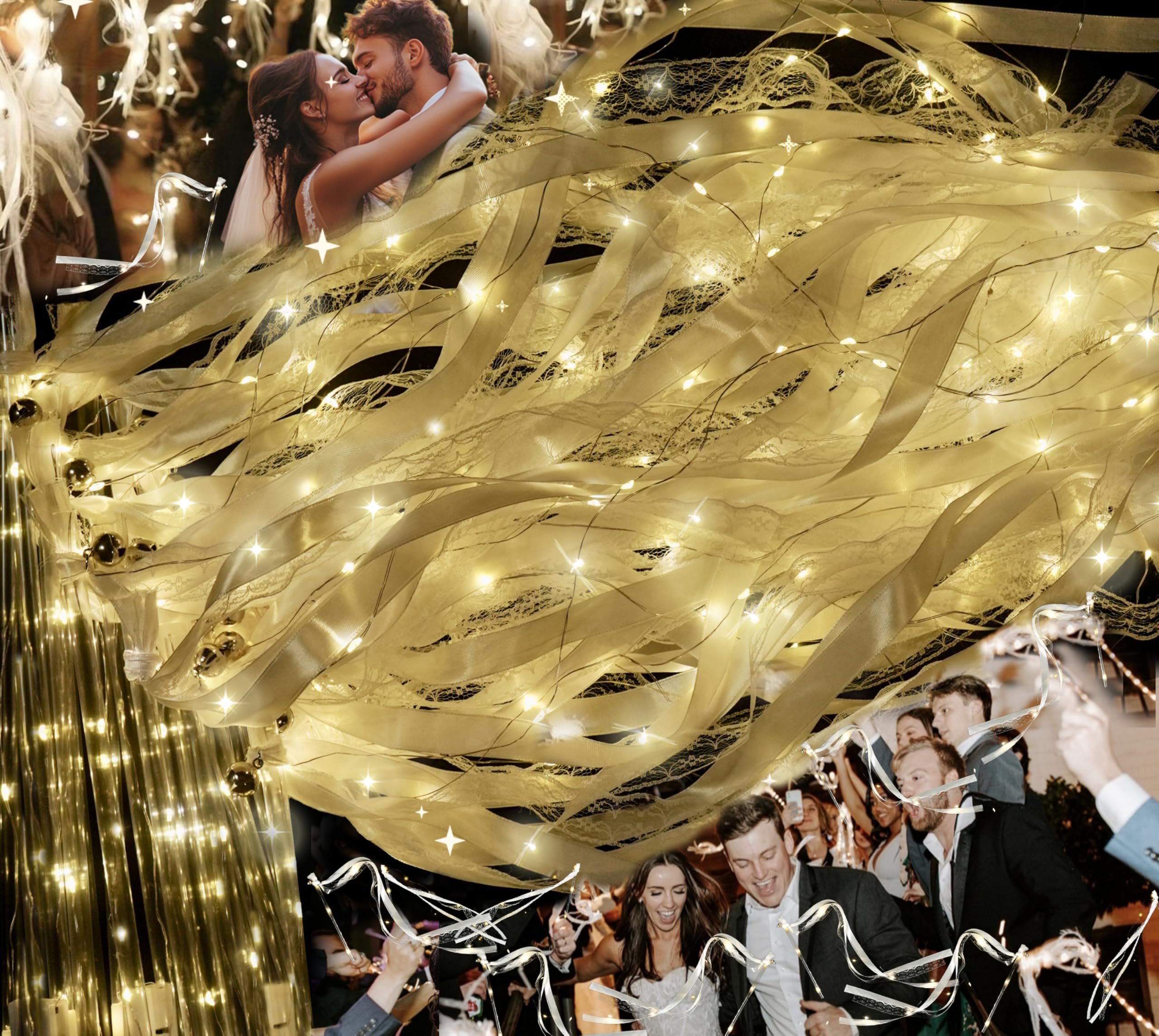 100pcs Light Up Wands for Wedding Send Off Ideas Streamers Fairy Ribbon White Glow Sticks with Bells for Reception Sparklers Led Lights Dark Birthday