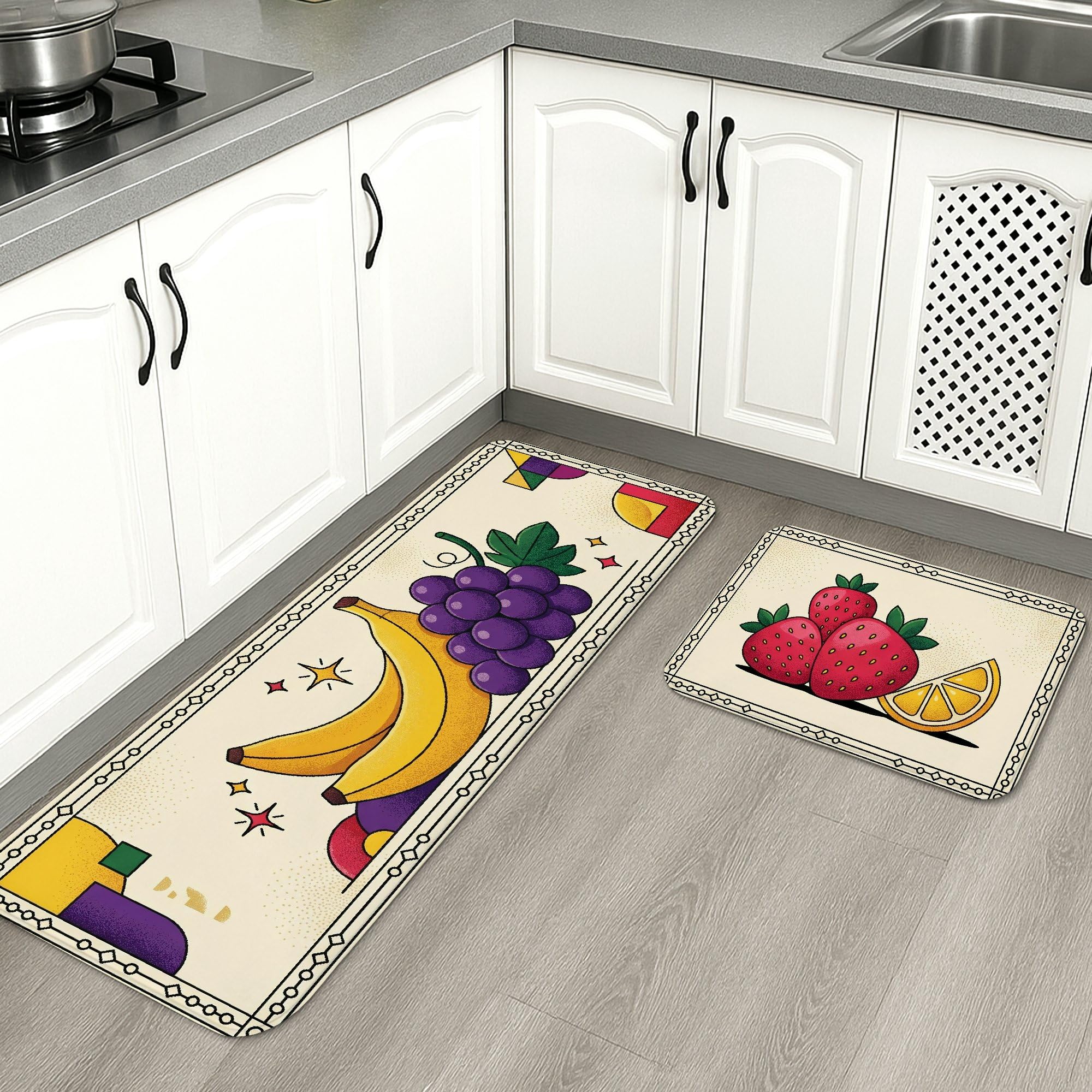 Tapetes de cocina coloridos de 2 unidades con diseño de frutas retro y textura suave