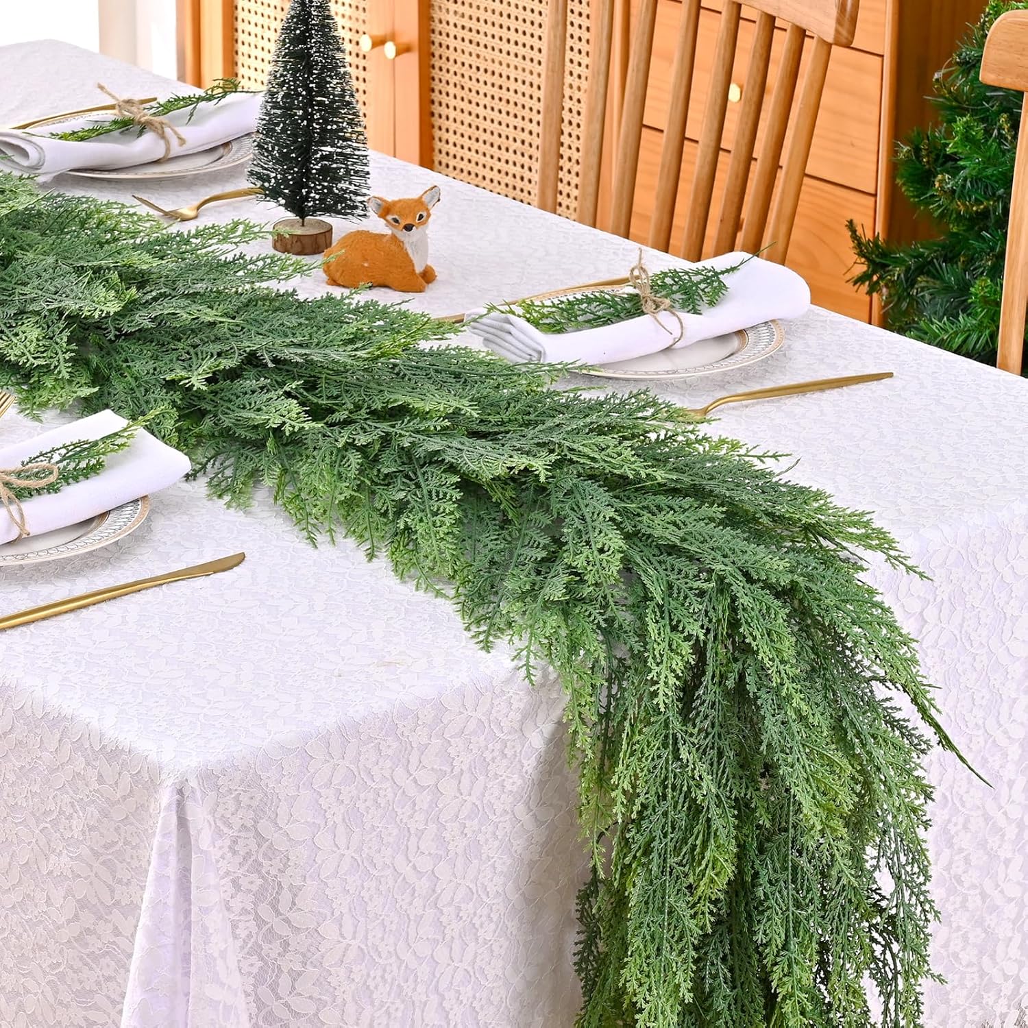 Yastouay 6 Ft Faux Cedar Garland Realistic, Real Touch Norfolk Pine Garland, Christmas Garland for Mantle Table Stairs Door Indoor Outdoor Christmas Decor - Image 6