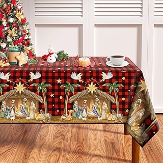 THAWAY Christmas Tablecloth 60×84 Inch Rectangular Nativity Scene Red Black Buffalo Plaid Washable Table Cover Waterproof Polyester Christmas Table Cloths for Holiday Home Picnic Dinner Decor