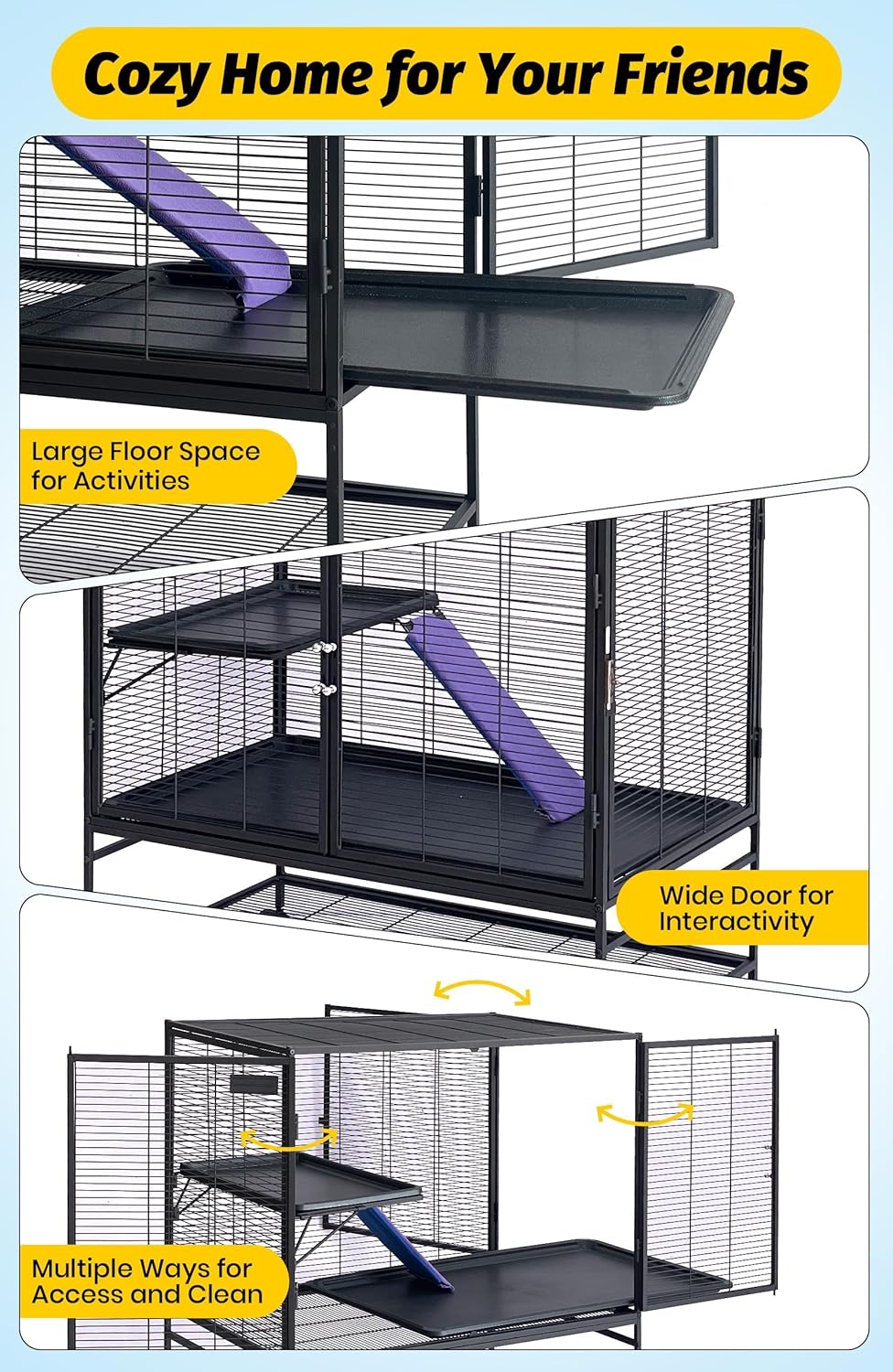 Multi-Level Metal Small Animal Cage, Removable Tray & Ramp, Lockable, BPA-Free, Indoor/Outdoor Use,for Ferrets, Hamsters, Chinchillas, Rabbits, Guinea Pigs, Hedgehogs, Gerbils