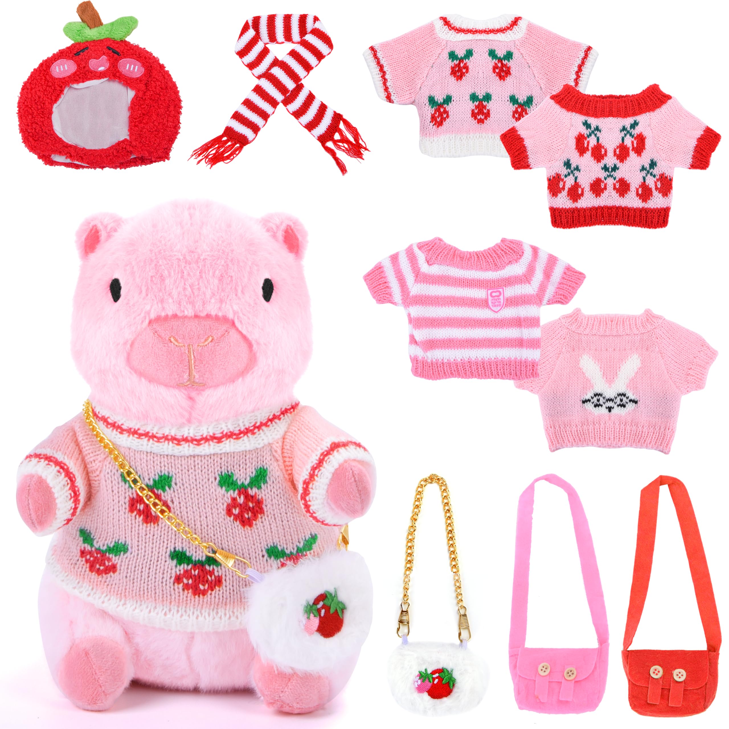 Capibara Plush Toy, 25 cm Capybara Plush, Simulation Carpincho Toys with Clothes and Accessories, Capybara Pillow for Boys and Girls (Pink)