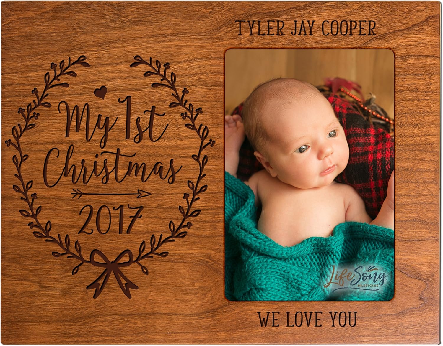LifeSong Milestones Personalized Baby's First Christmas Photo Frame Holds 4x6 Photograph Exclusively (Cherry)