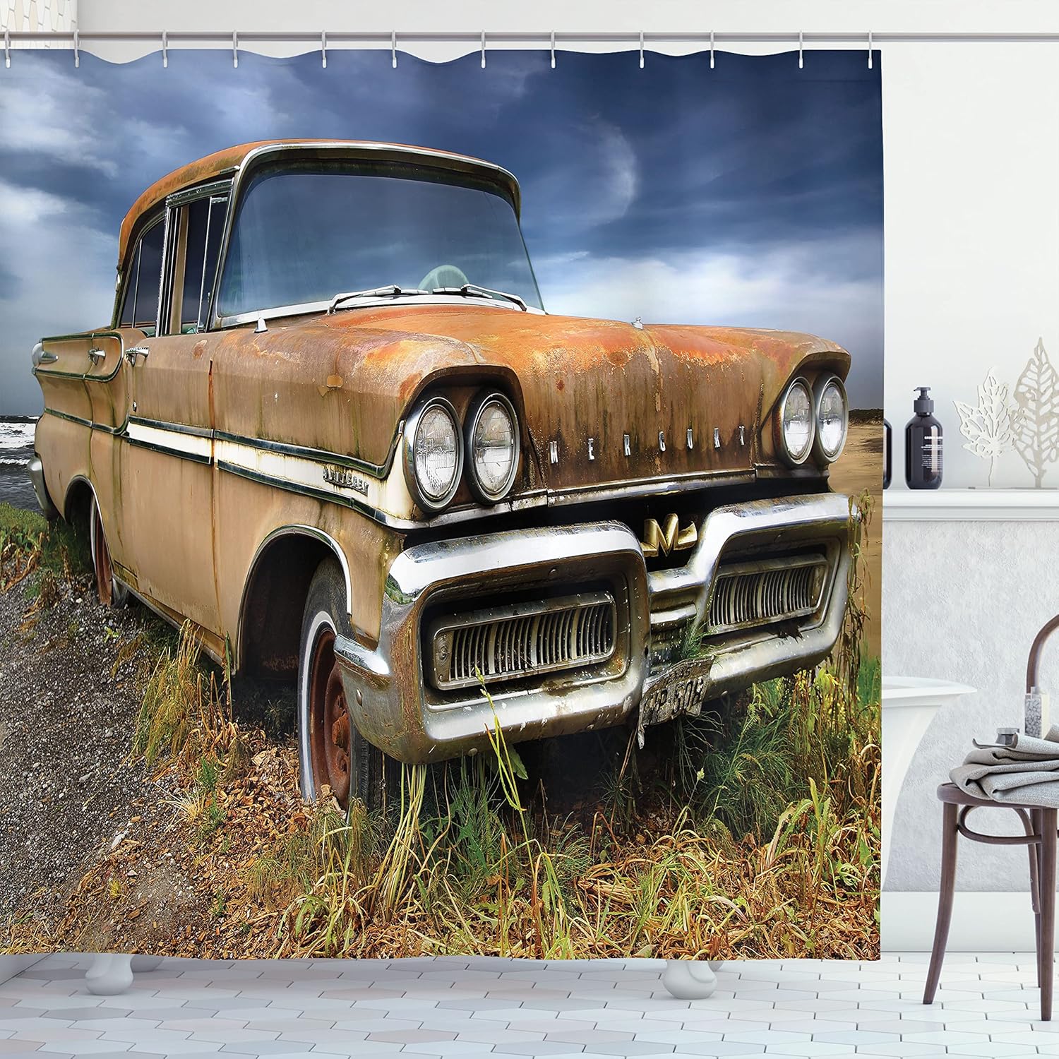 Ambesonne Manly Shower Curtain, Picturesque Rural Landscape Old Fashioned Rusty Abandoned Car Countryside, Cloth Fabric Bathroom Decor Set with Hooks, 69" W x 70" L, Night Blue Umber Tan