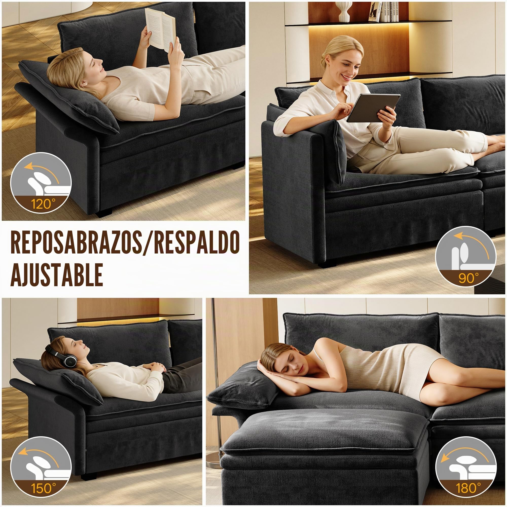 Sofá modular en L de 315 cm con otomano, chenilla Cloud sofá con espacio de almacenamiento, carga inalámbrica, altavoz Bluetooth, luz ambiental y 2 soportes para bebidas, 4 plazas para salón y oficina