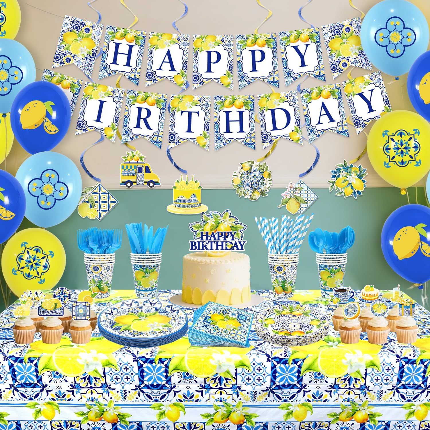KEFAN Capri Lemon Birthday Party Decorations, Lemon Theme Party Tableware Supplies including HAPPY BIRTHDAY Banner, Plates, Cups, Napkins, Tablecloth, Balloons for Birthday Party, Serves 20 - Image 6