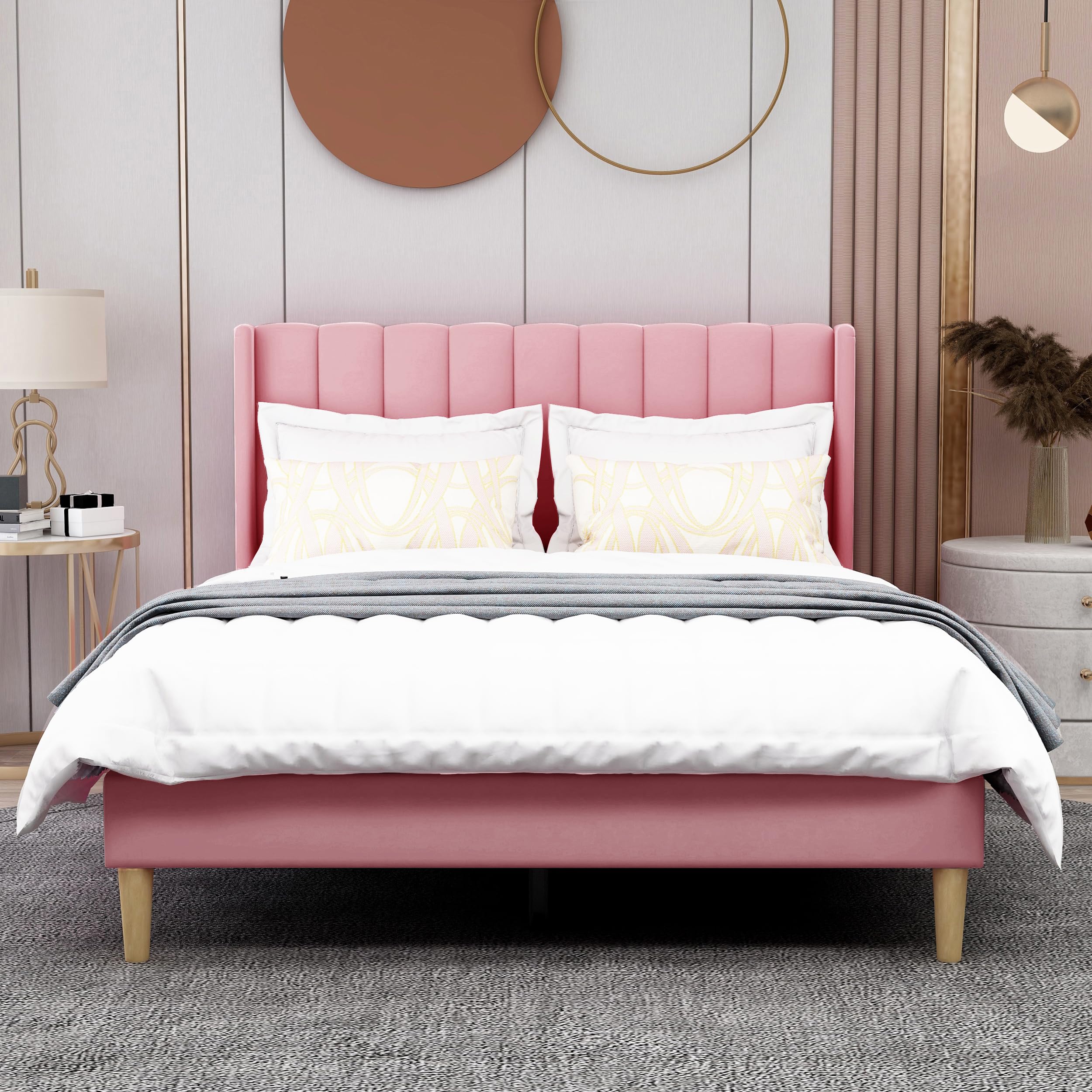 AGARTT Upholstered Platform Bed Frame Full Size with Headboard Wooden Slats Support/No Box Spring Needed/Easy Assembly,Pink