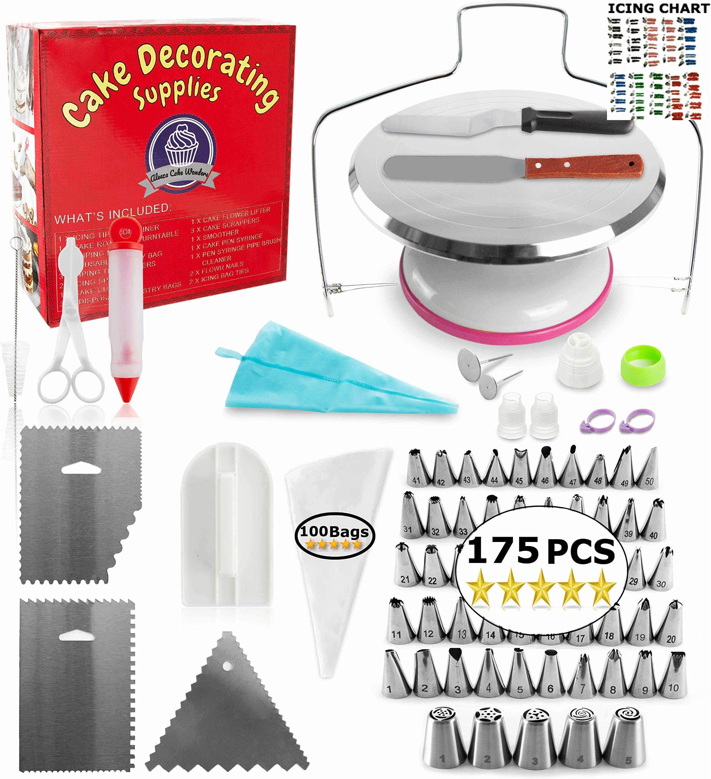Frosted PRO Cake Decorating Kit - 175 pcs Cake Decorating Supplies with Metal Cake Turntable Stand, Frosting Bags and Tips (50 Piping Tips Set), Icing Cake Leveler, Cake Scraper