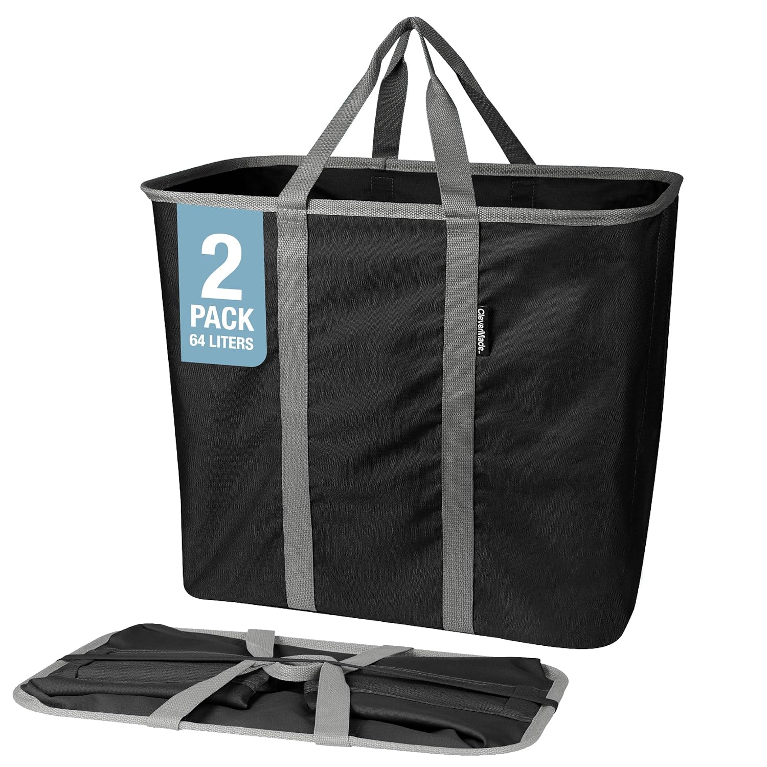 CleverMade Collapsible Laundry Basket - 64L Storage Organization Container 2Pack Midnight Black Shadow Gray - Portable Heavy-Duty Handles