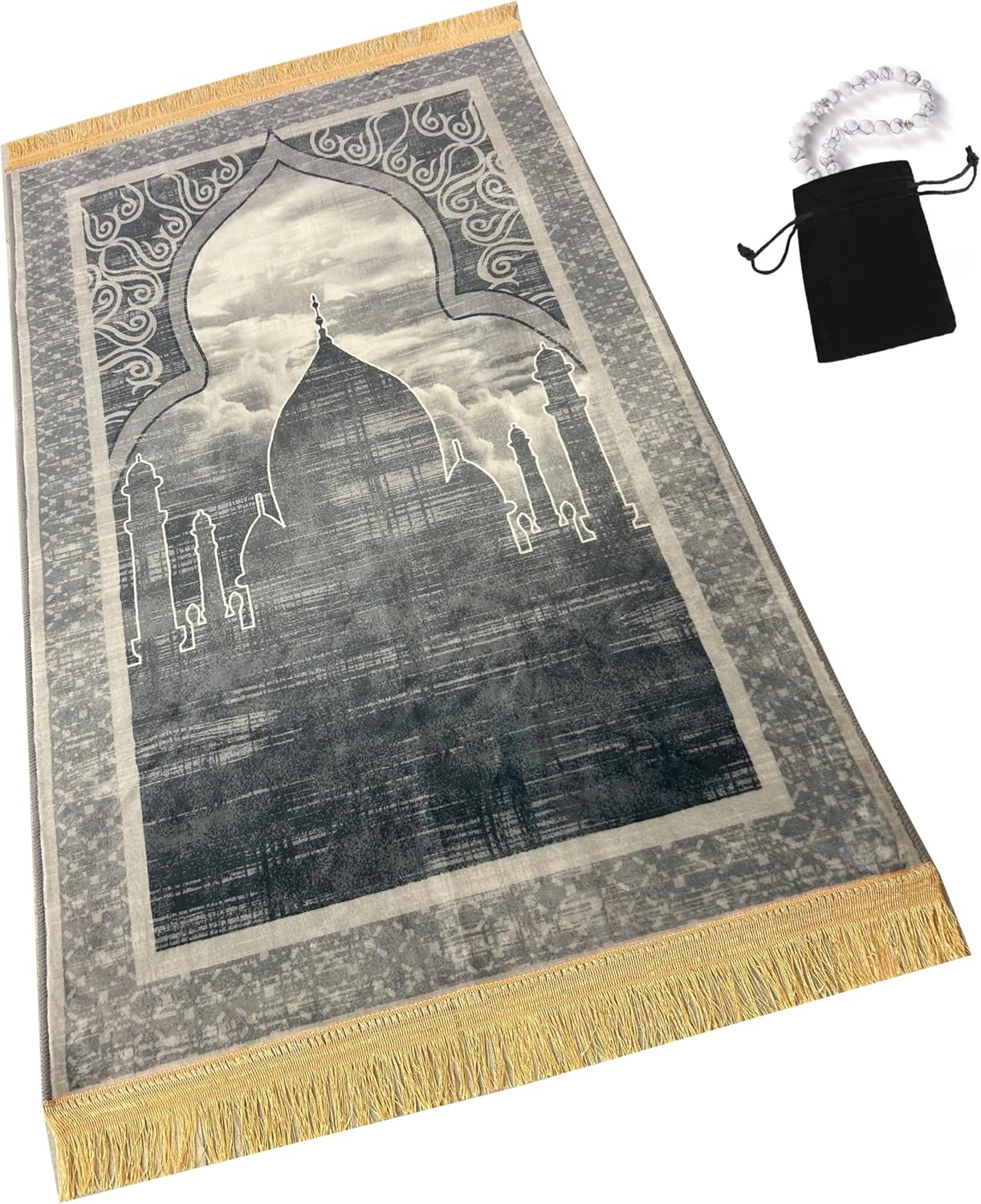 Prayer Rug Muslim Mat Islamic - Soft Velvet Sajadah for Kids Men Women with Islam Prayer Beads for Eid Travel Ramadan, Soft Luxury (Grey)