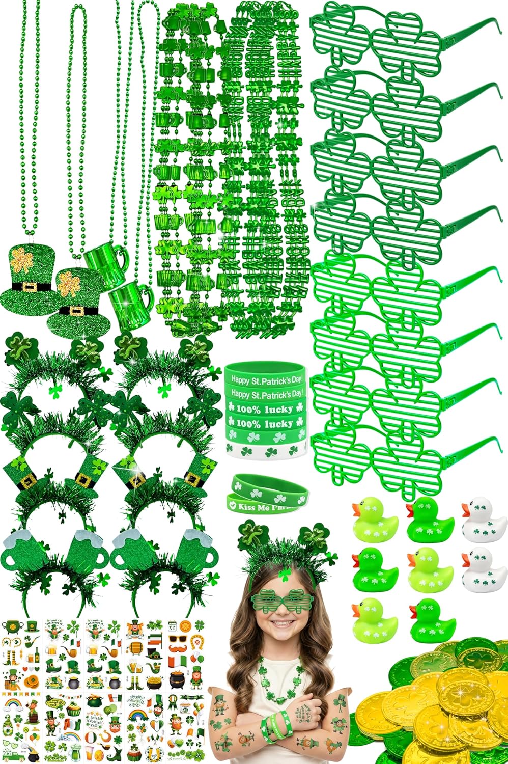 St. Patrick's Day Party Decorations Kit | 2026 New Edition with Shamrock Headbands,Beer Necklaces,Green Glasses,Bracelets,Lucky Duckies,Temporary Tattoos,Irish-Themed Coins