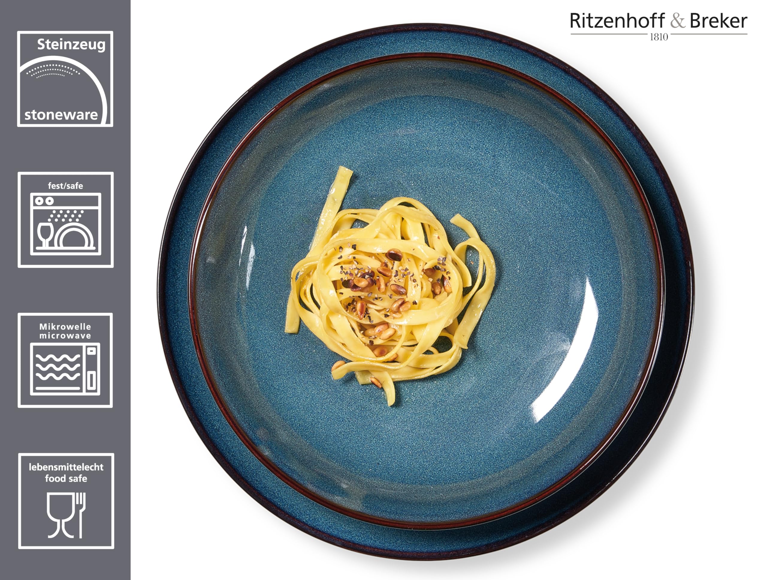 Ritzenhoff & Breker Bali Teller-Set 18-teilig, Kombiservice mit Farbverläufen, Je 6x Speise- / Suppen- und Dessertteller, Skandinavisches Design mit Reaktivglasur, Steinzeug, Blau