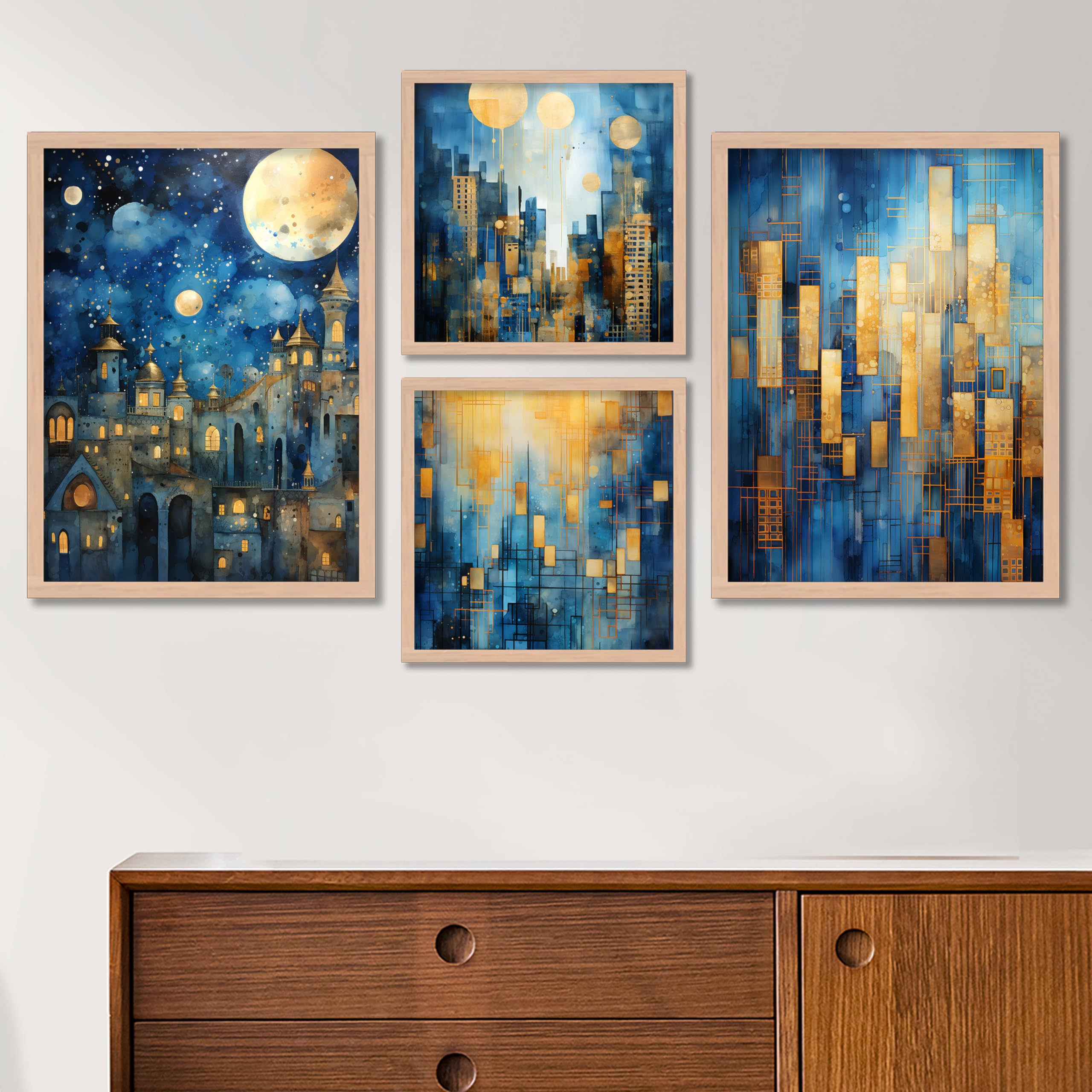 BANGERZ Wall Paintings Scenery For Living Drawing Room Home, Paintings For Wall Decoration - Aesthetic Office Poster Frames For Bedroom Wall Decor Items (Set of 4) (Large, Digital Artwork 5)