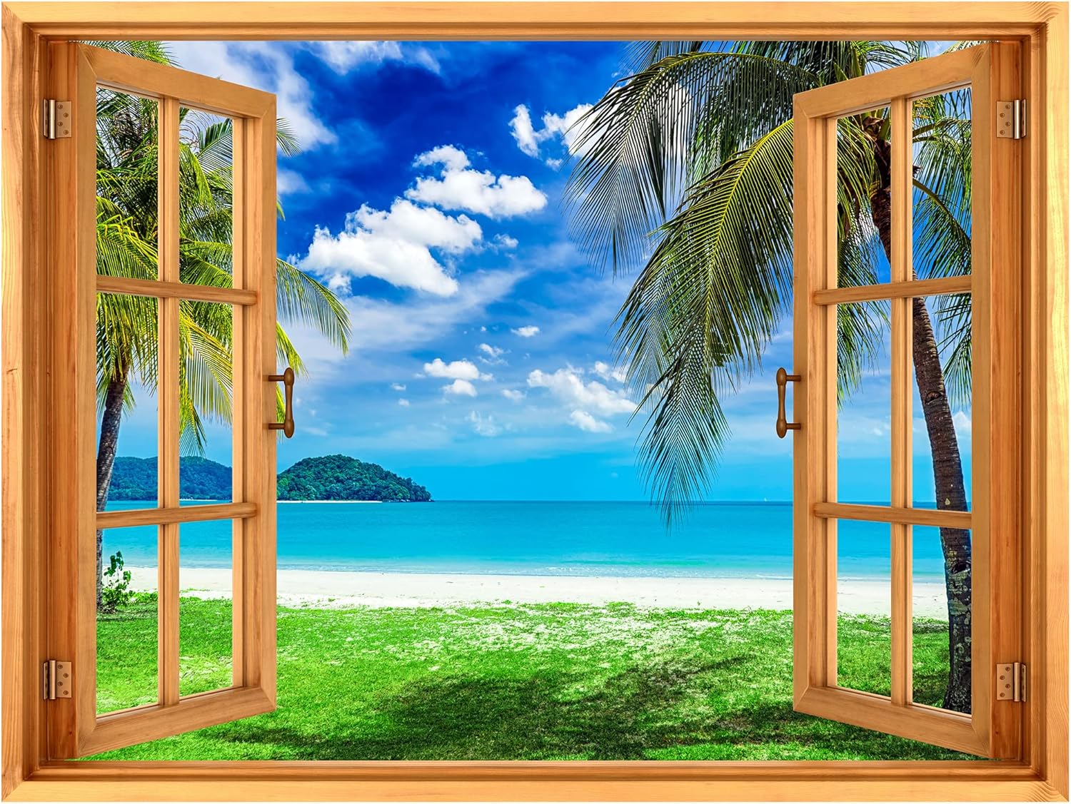 wall26 Removable Wall Sticker/Wall Mural Window View Tropical Palm Tree Hawaiian Island Sky Wilderness Nature Photography Realism Rustic Landscape Colorful for Living Room, Bedroom, Office - 36"x48"