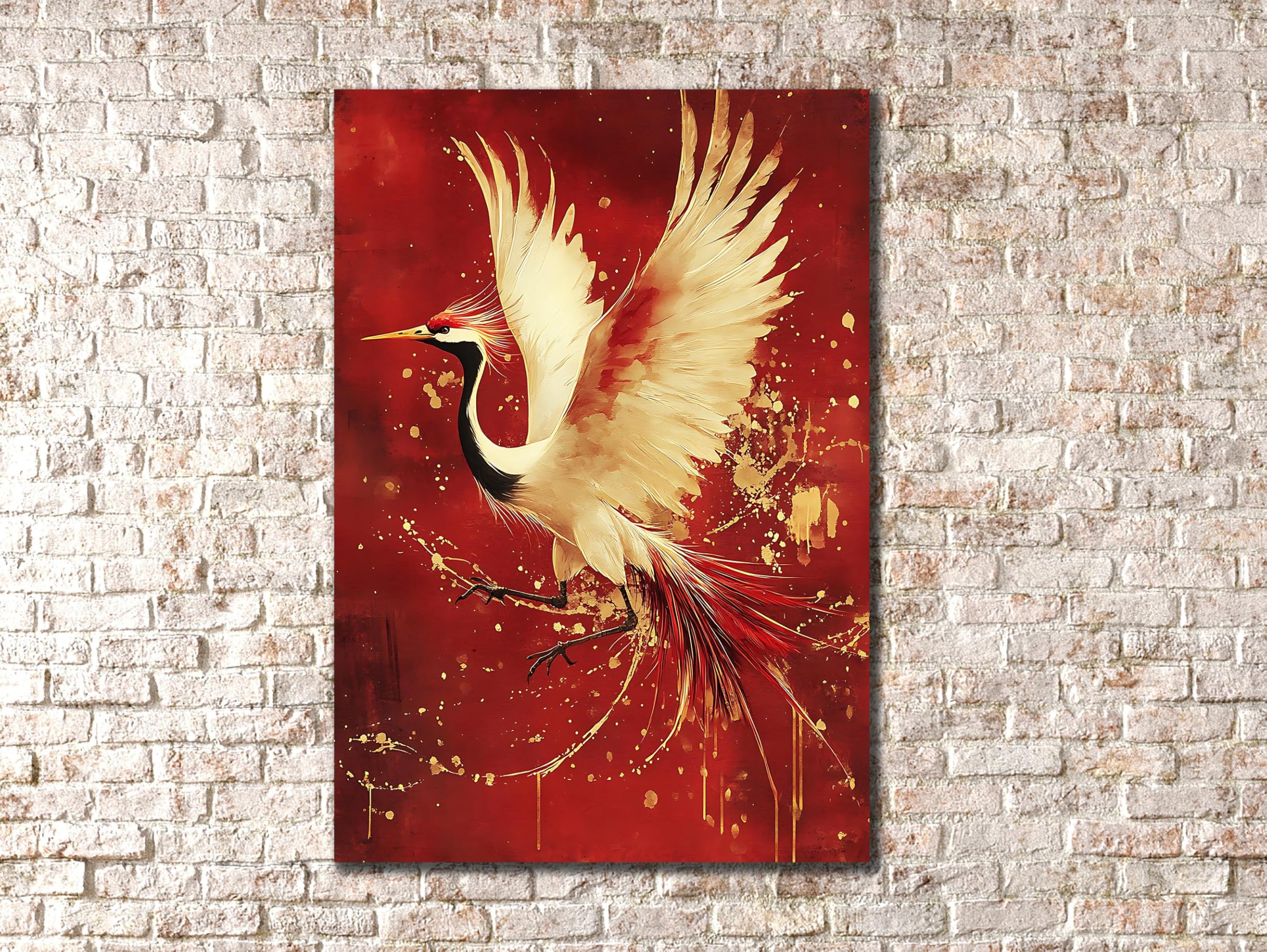 LMYCHENG Japanese Crane Art Canvas Print: Red Bird Canvas Oil Painting, for Living Room, Home Wall Decor Posters(60x80cm/Frameless)