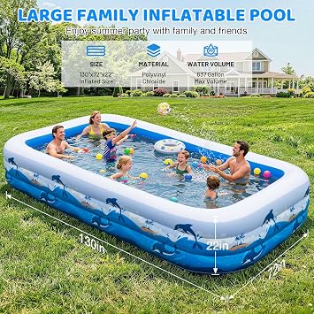 Extra Large Family Inflatable Pool for Adults 130'' x 72'' x 22'' | Thick PVC blow up pool for backyard water play, outdoor swimming, family fun and cooling off all summer