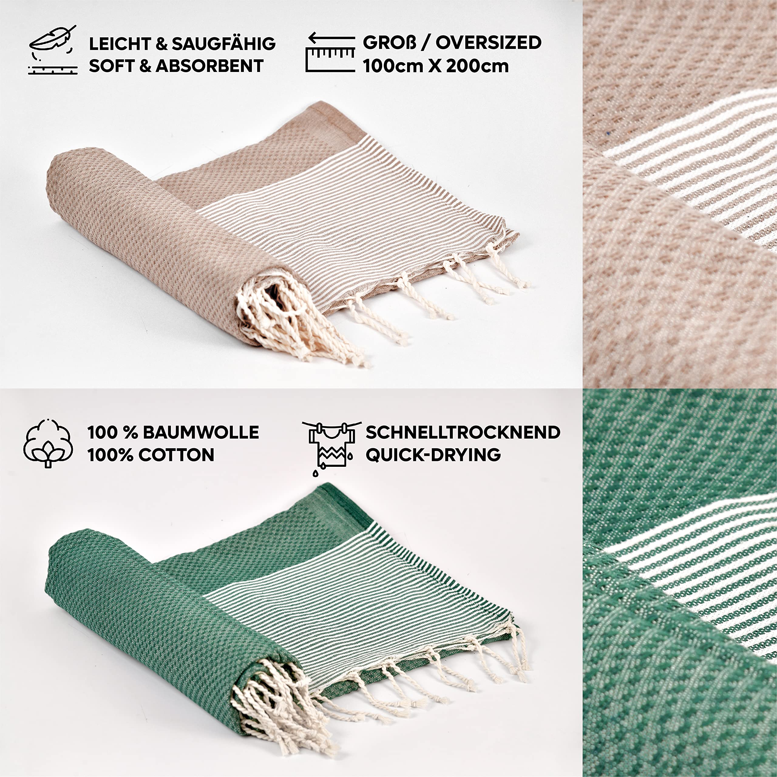 Saunahandtuch Strandtuch Fouta XXL [2er Set] Ideal als Hamamtuch Saunatuch Stranddecke für Damen & Herren - Groß 100x200-100% Baumwolle in Creme & Dunkelgrün