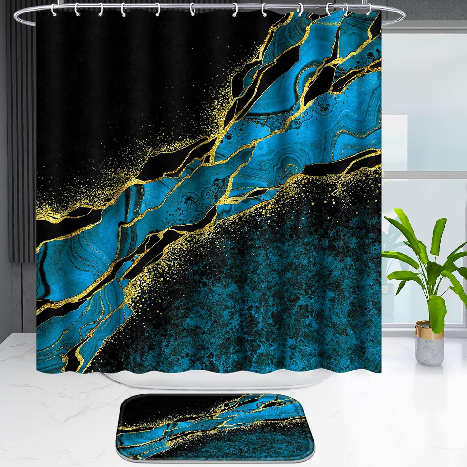 Poedist 4 Pcs Gold Edge Marble Bathroom Shower Curtain Set, Bathroom Sets with Shower Curtain and Rugs(Bath Mat,U Shape and Toilet Lid Cover Mat) and 12 Hooks-Sky Blue