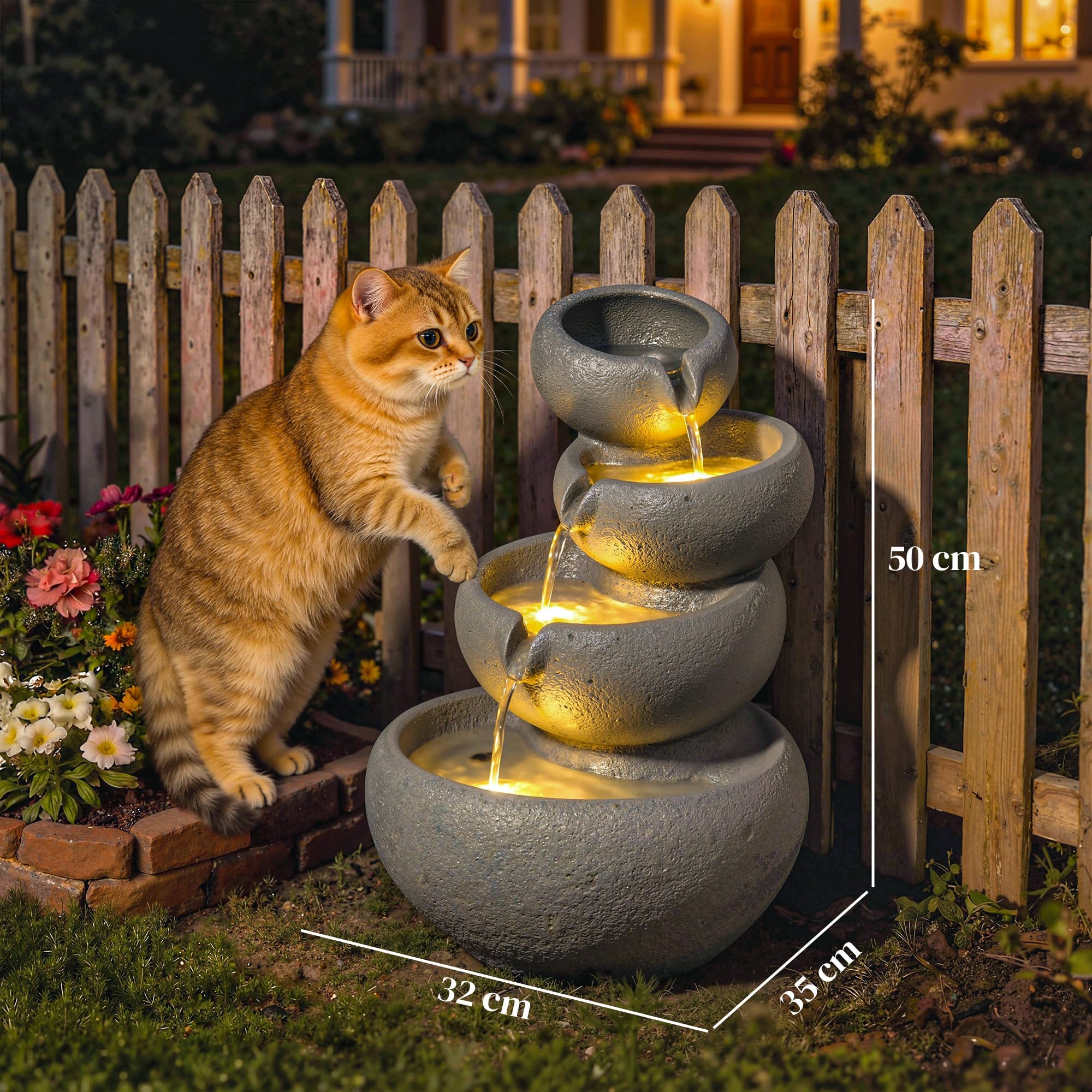 Outsunny Fuente de jardín al aire libre de resina sintética 4 etapas Jardín fuente con iluminación LED piedra aspecto decorativo agua ornamento para jardín terraza 35 x 32 x 50 cm