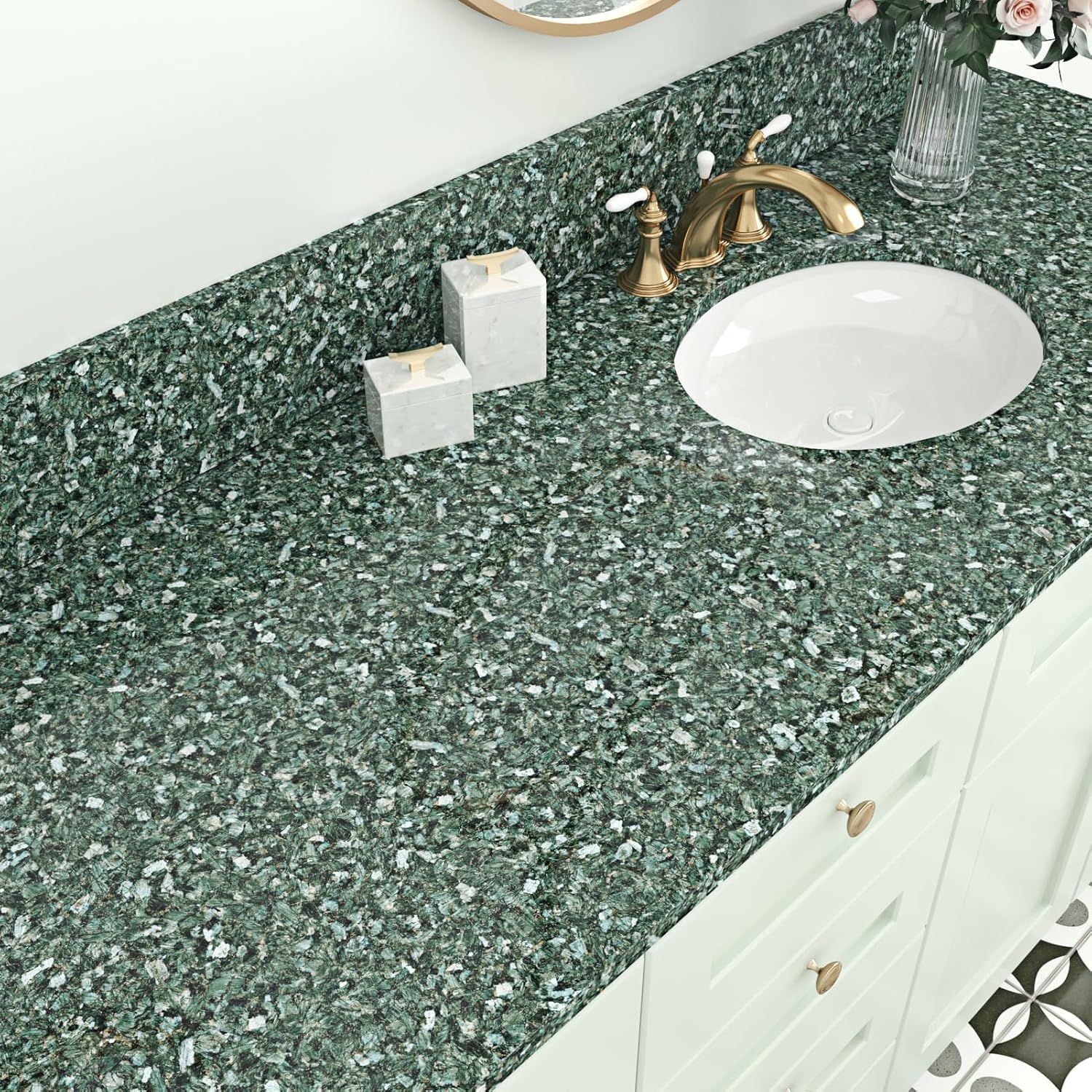 Green Marble Granite Contact Paper Countertops Peel and Stick Wallapper for Kitchen Counter Glossy Contact Paper Waterproof Marble Green Wallpaper for Desk Walls Counter Top Wrap 15.7×200"