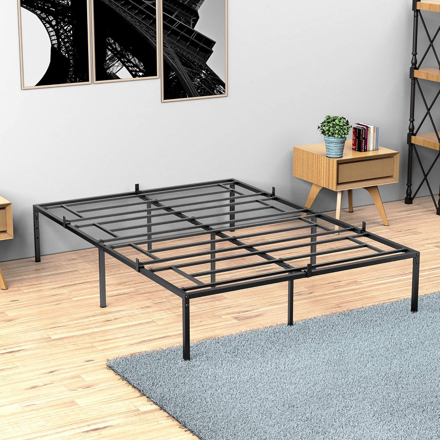GAOMON Queen Metal Bed Frame assembled in a room.