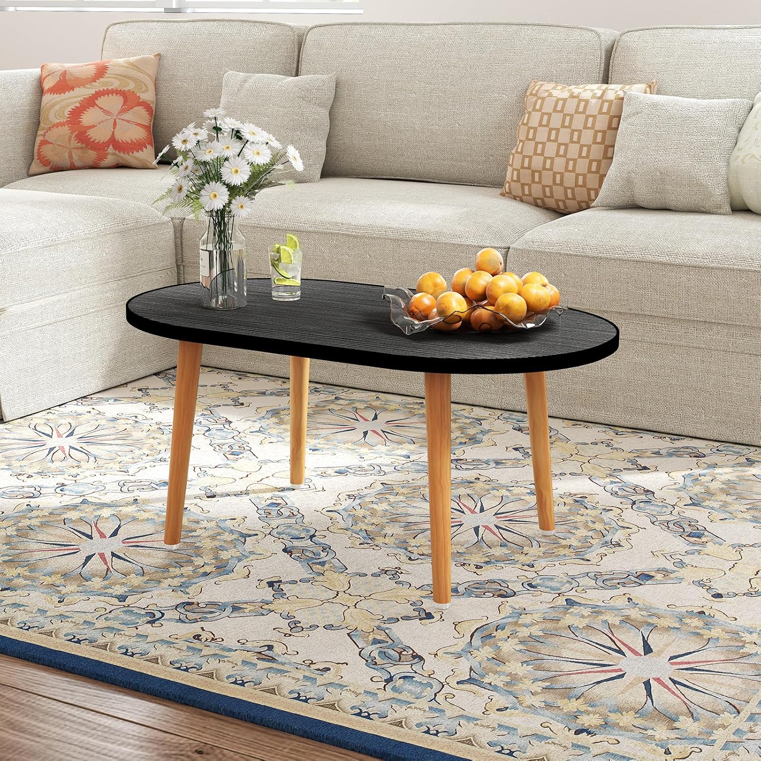 Oval Coffee Table Low Table with 4 Solid Wood Sturdy Legs, Floor Table Desk for Sitting on The Floor, Storage and Living Room Furniture (Black)