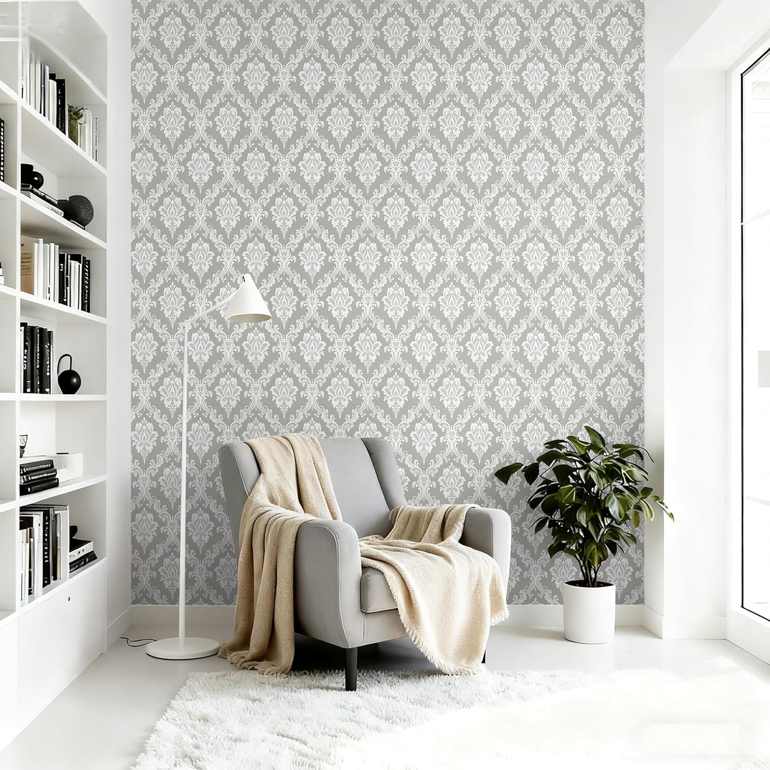 Peel and Stick Wallpaper Grey and White Damask Wallpaper for Bedroom Bathroom Grey Peel and Stick Wall Paper Removable Self-Adhesive Contact Paper Room Wall Decor Vinyl Textured 17.7" x 394"