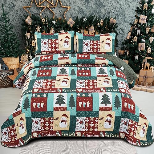 Juego de edredón de Navidad Queen, juego de edredón de 3 piezas de microfibra suave y ligera con 2 fundas de almohada para niños, adolescentes y