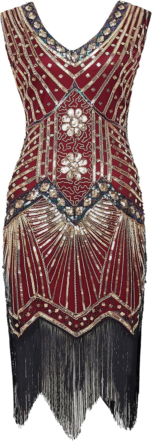 BABEYOND Women's Plus Size Flapper Dresses 1920s V Neck Beaded Fringed Great Gatsby Dress - Image 5