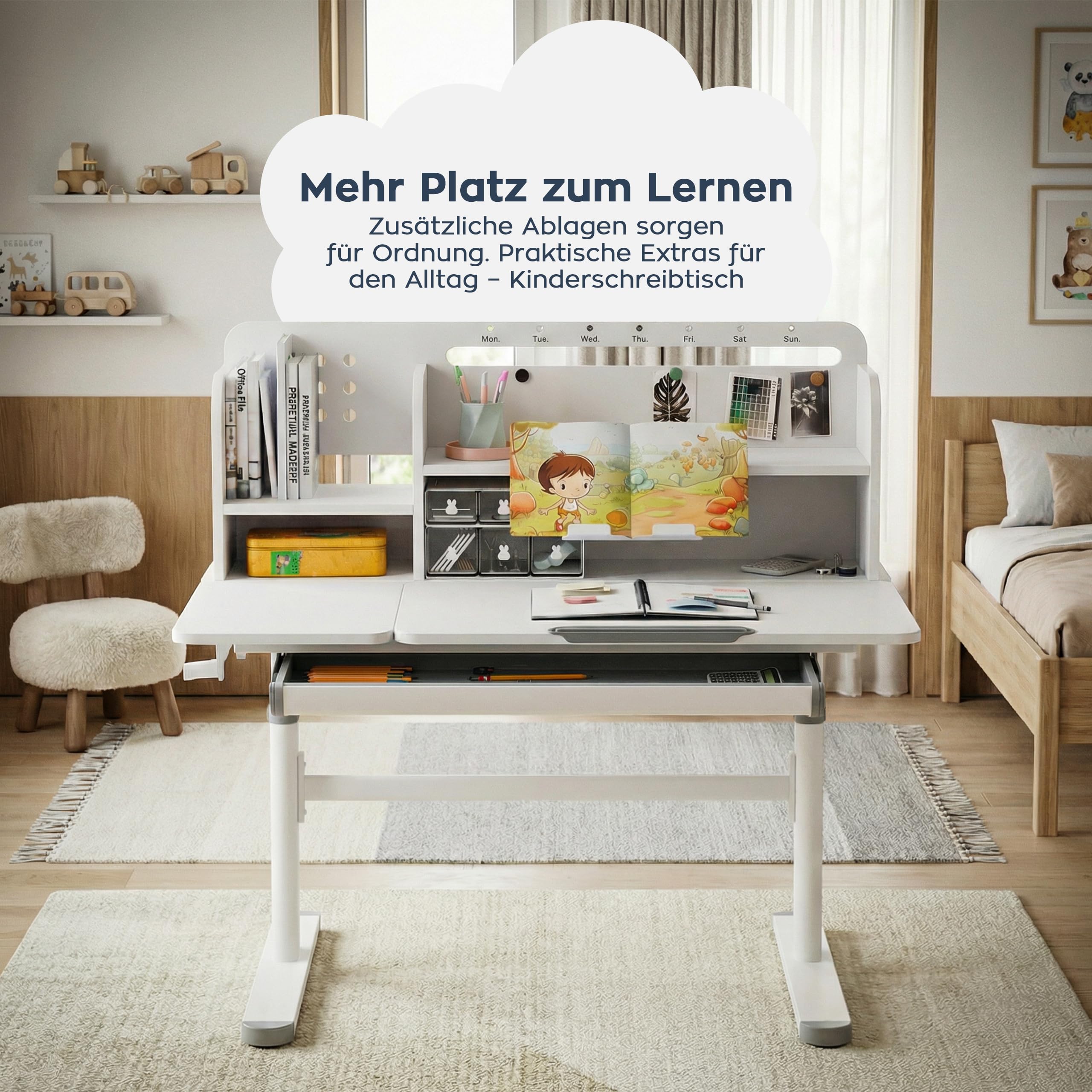 MARK ADLER Study 5.7 Kinderschreibtisch Höhenverstellbar – Schreibtisch Kinder – Lerntisch Kinder Ergonomisch – Neigbare Tischplatte – Mit Schublade Ablage und Buchstütze – Grau