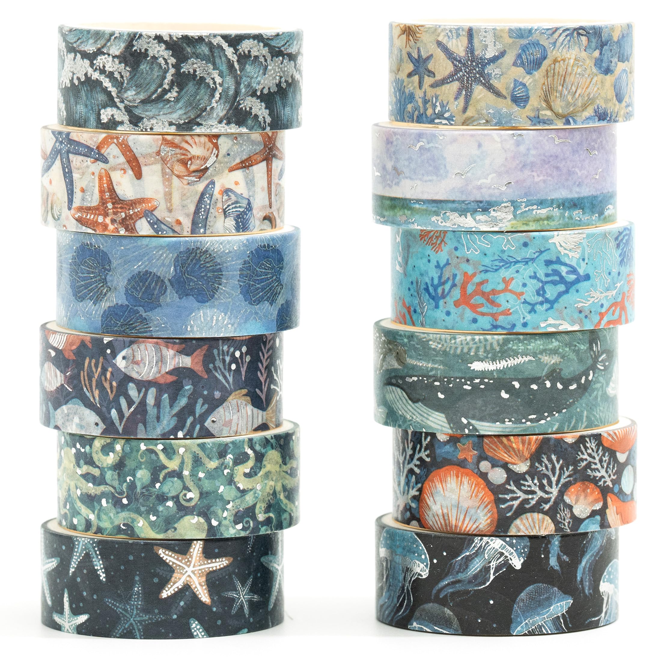 Songdao 12 Rolls Charming Washi Tape Set Gold Silver Foil Detailing Arts Adhesive Tapes Basic Patterns Decorative Masking Tape Sets for Craft, Kids, Scrapbook, DIY, Gift Wrapping (Oceanic Dreams)